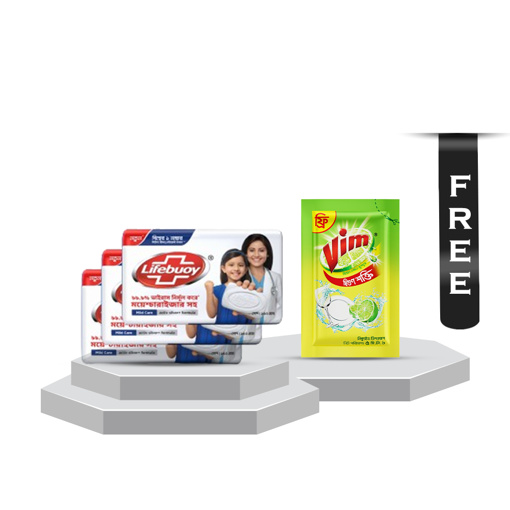 Bundle of 3 Pcs Lifebuoy Skin Cleansing Soap Bar Care - 150gm With Vim Liquid Dish Washer - 5ml Free