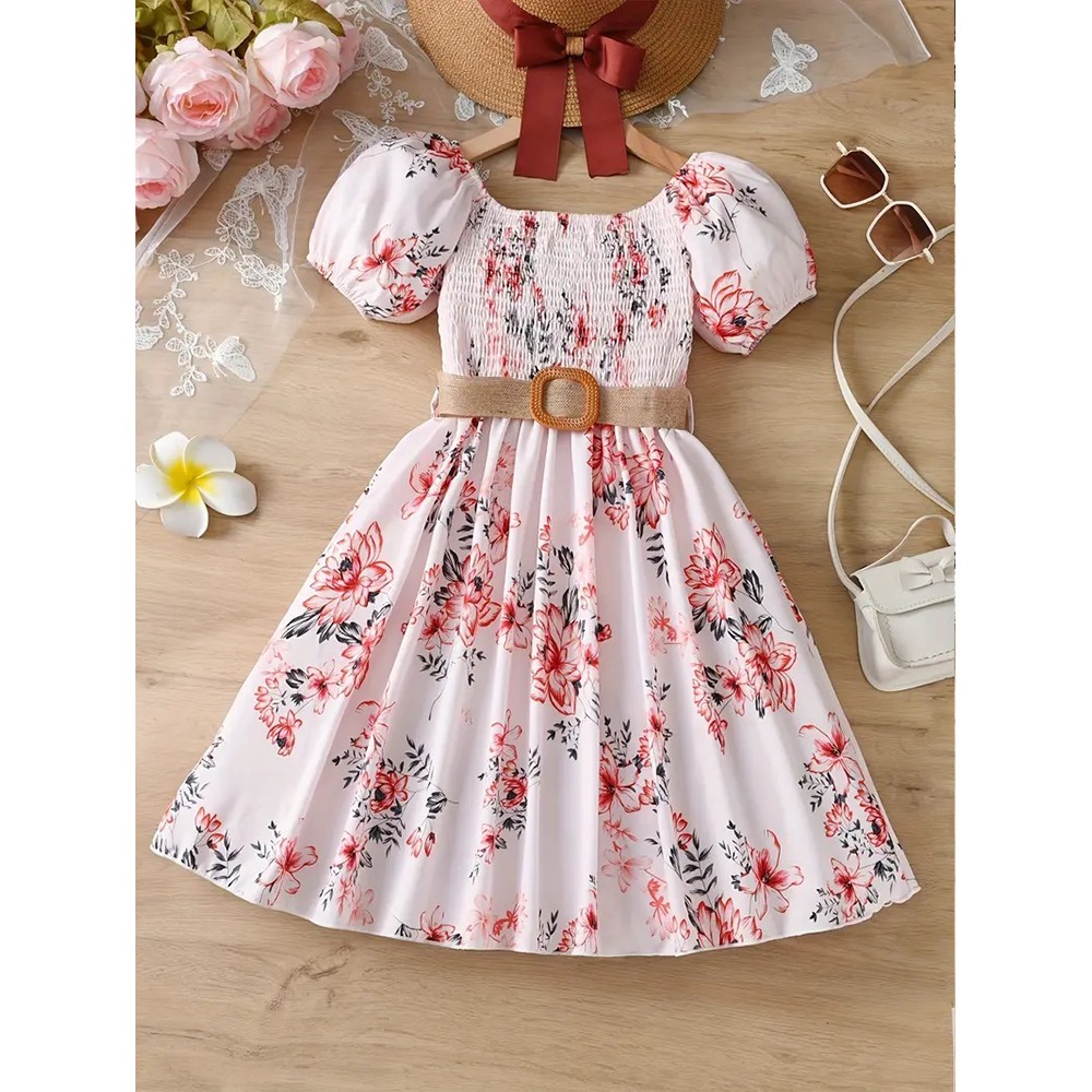 Linen 3D Printed Baby Dress For Girls - Multicolor - BD-69