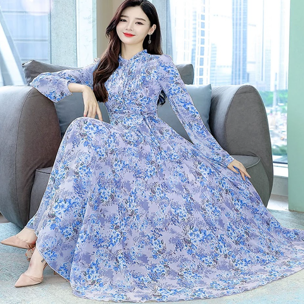 Linen Full Sleeve Digital Print Party Long Gown For Women - Sky Blue - 1561