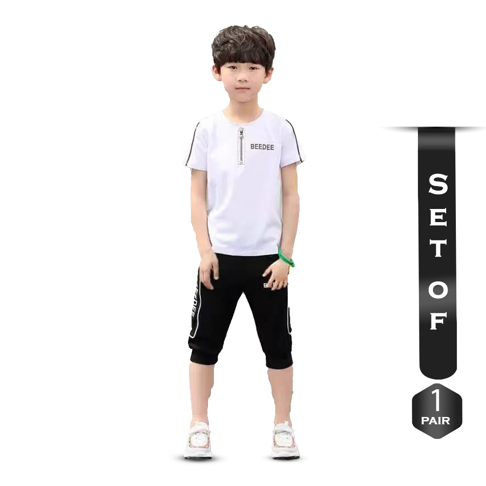 Set of Cotton Half Sleeve T-Shirt and Half Pant for Boys - White and Black - BM-15