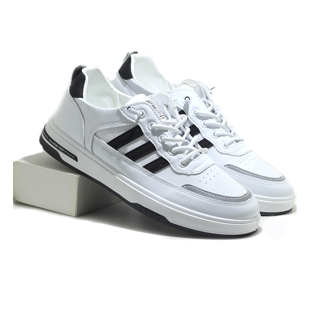 Pu Leather Sneaker Shoe For Men - White and Black - MSK 291