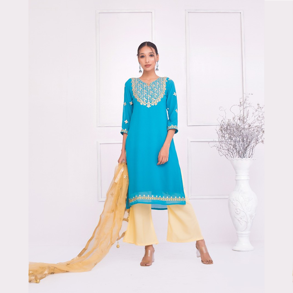 Georgette Embroidered Semi Stitched Salwar Kameez with Inner for Women - Sky Blue