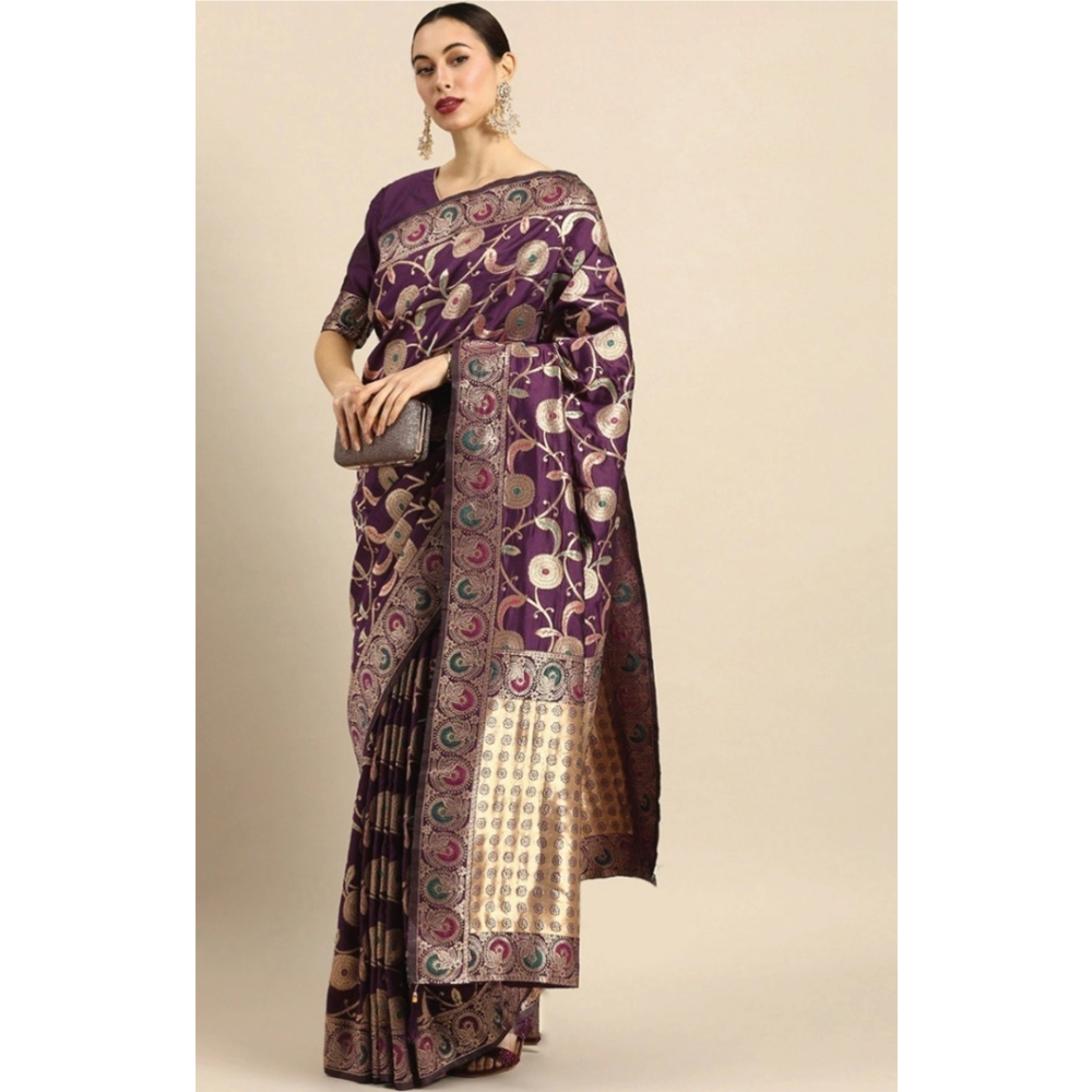 Silk Printed Gorgeous Saree With Blouse Piece For Women - Purple - MN-758