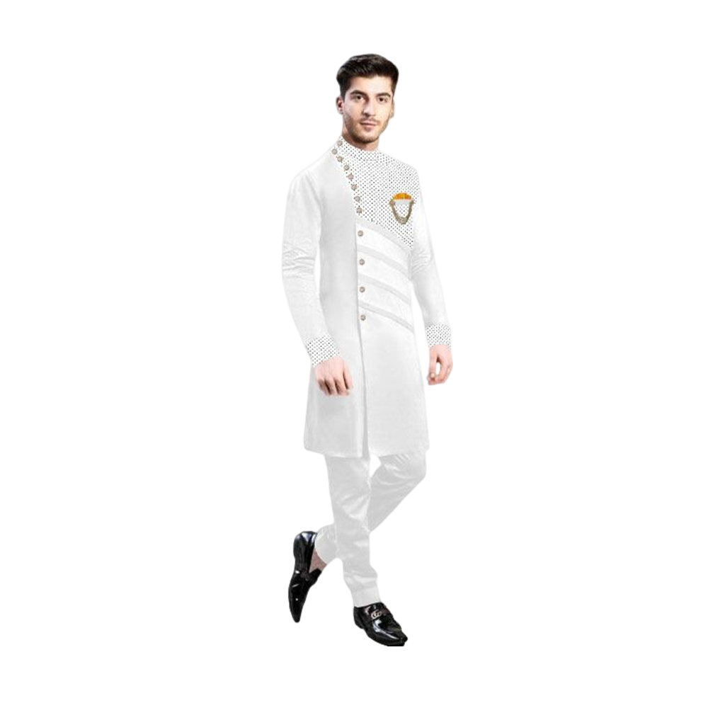 Cotton Embroidery Sherwani Panjabi With Pajama For Men - White - PS-03