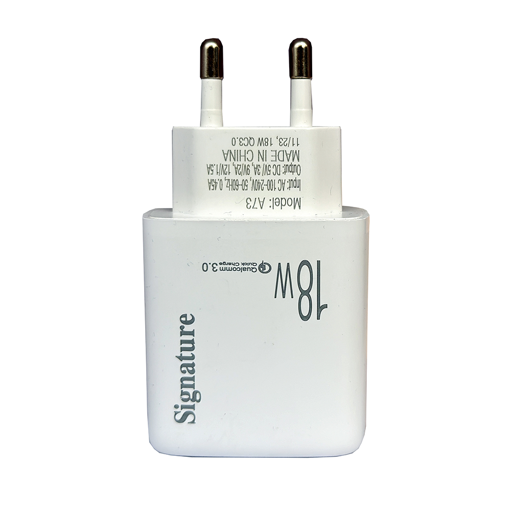 Signature A73 Quick Charging Adapter With Charging Type-C Data Cable - 18W - White