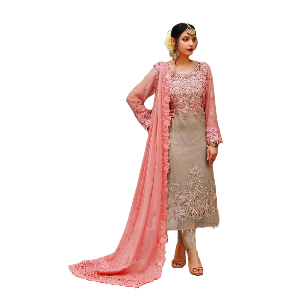 Three Pcs For Women Georgette and Butter Silk - Salmon and Gray