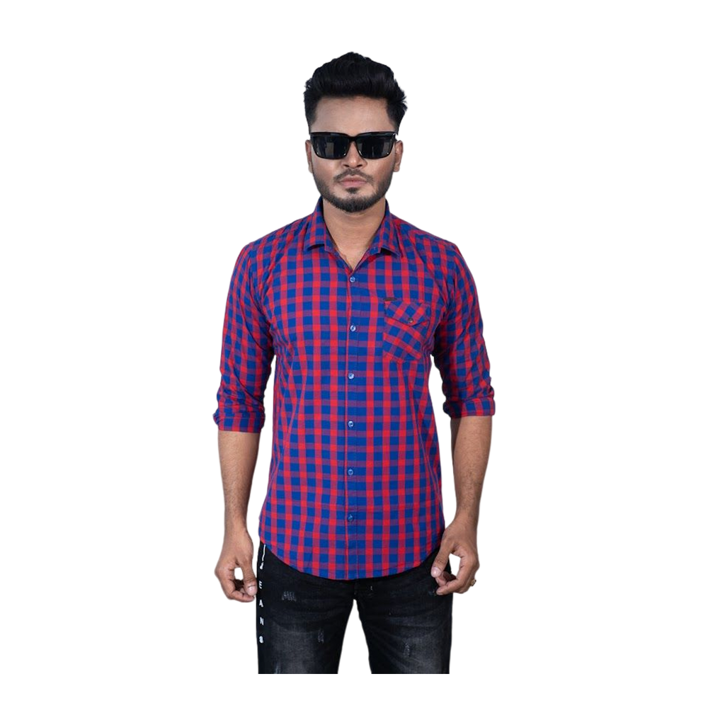 Westeen Cotton Printed Casual Slim Fit Full Sleeve Shirt for Men - Red Blue Light Check - 1010728