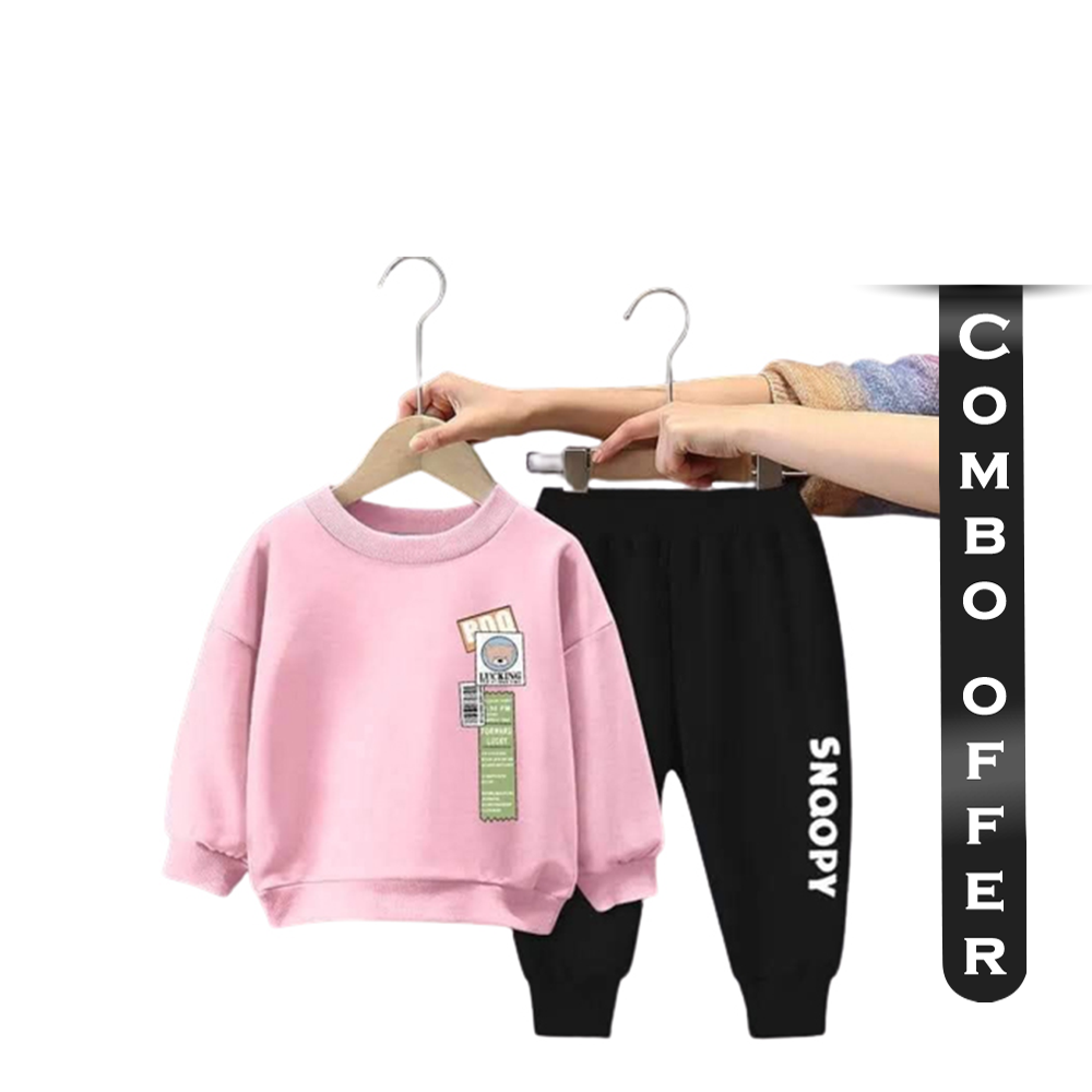 Combo Offer Terry Cotton Winter Sweat Shirt With Pant For Kids - Pink and Black - BD-14