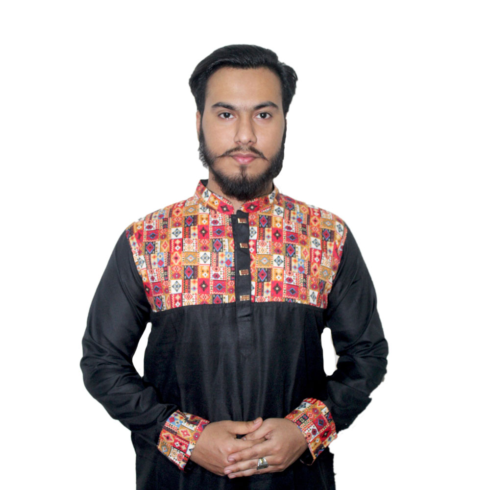 Dupian Silk Semi Long Combine Casual Panjabi For Men - Black