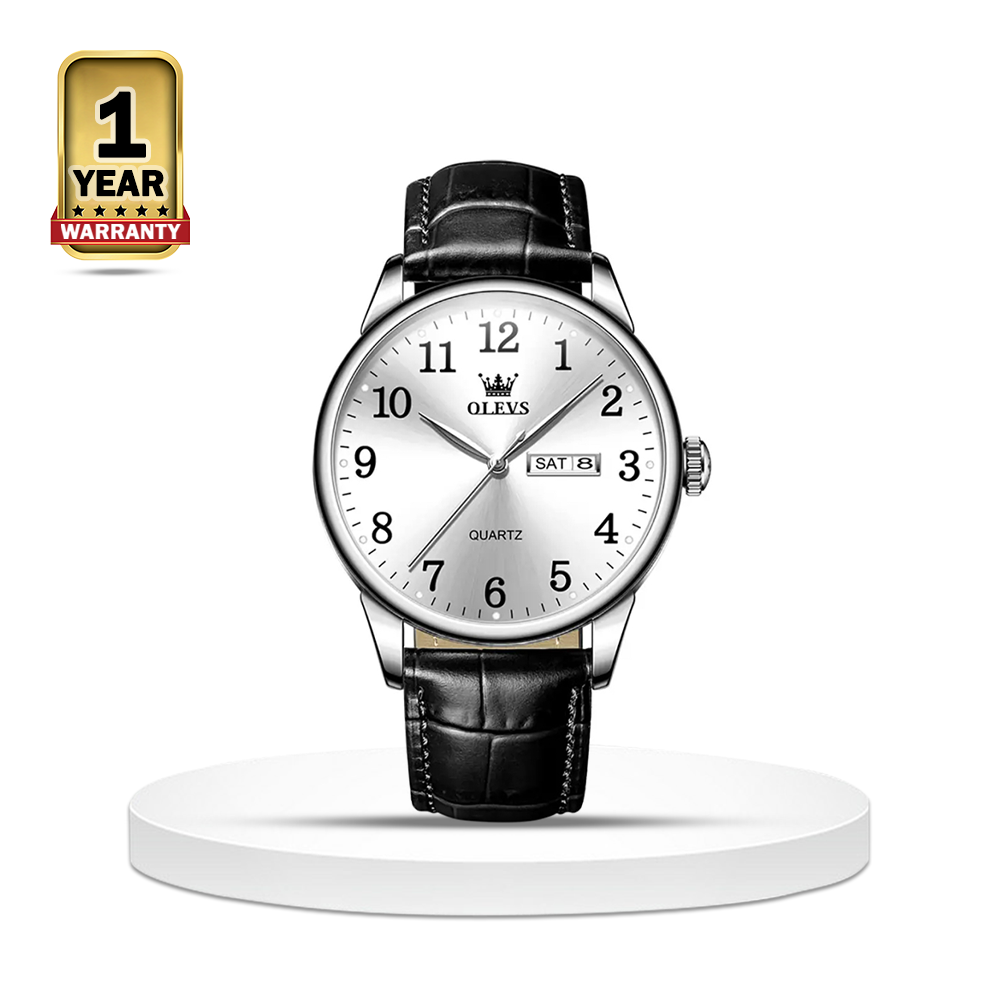 OLEVS 5535 Leather Quartz Wristwatch For Men - Silver