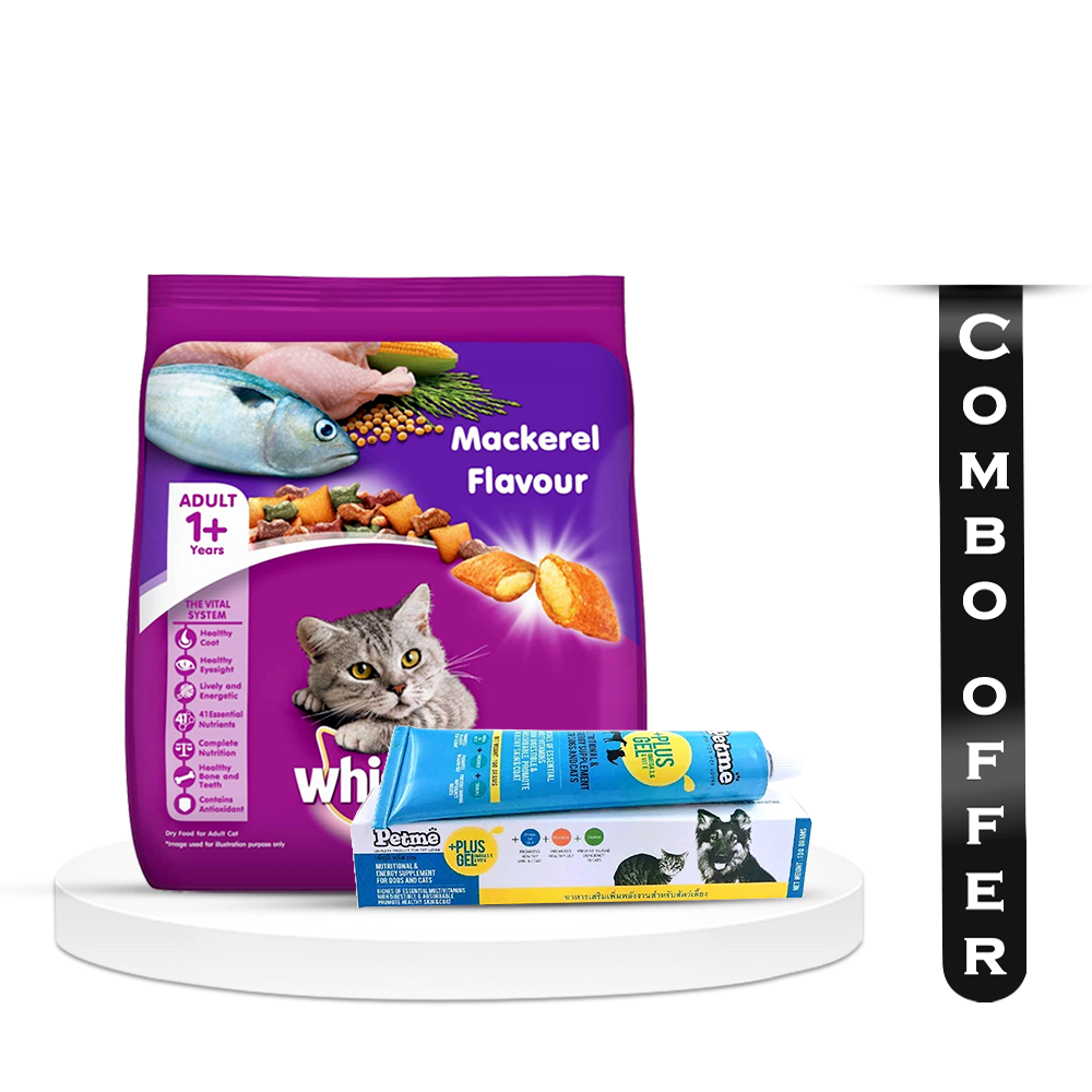 Combo Of Whiskas Mackerel Flavour Cat Food - 480gm With Petme Plus Gel Multivitamin Nutritional Supplement - 30gm