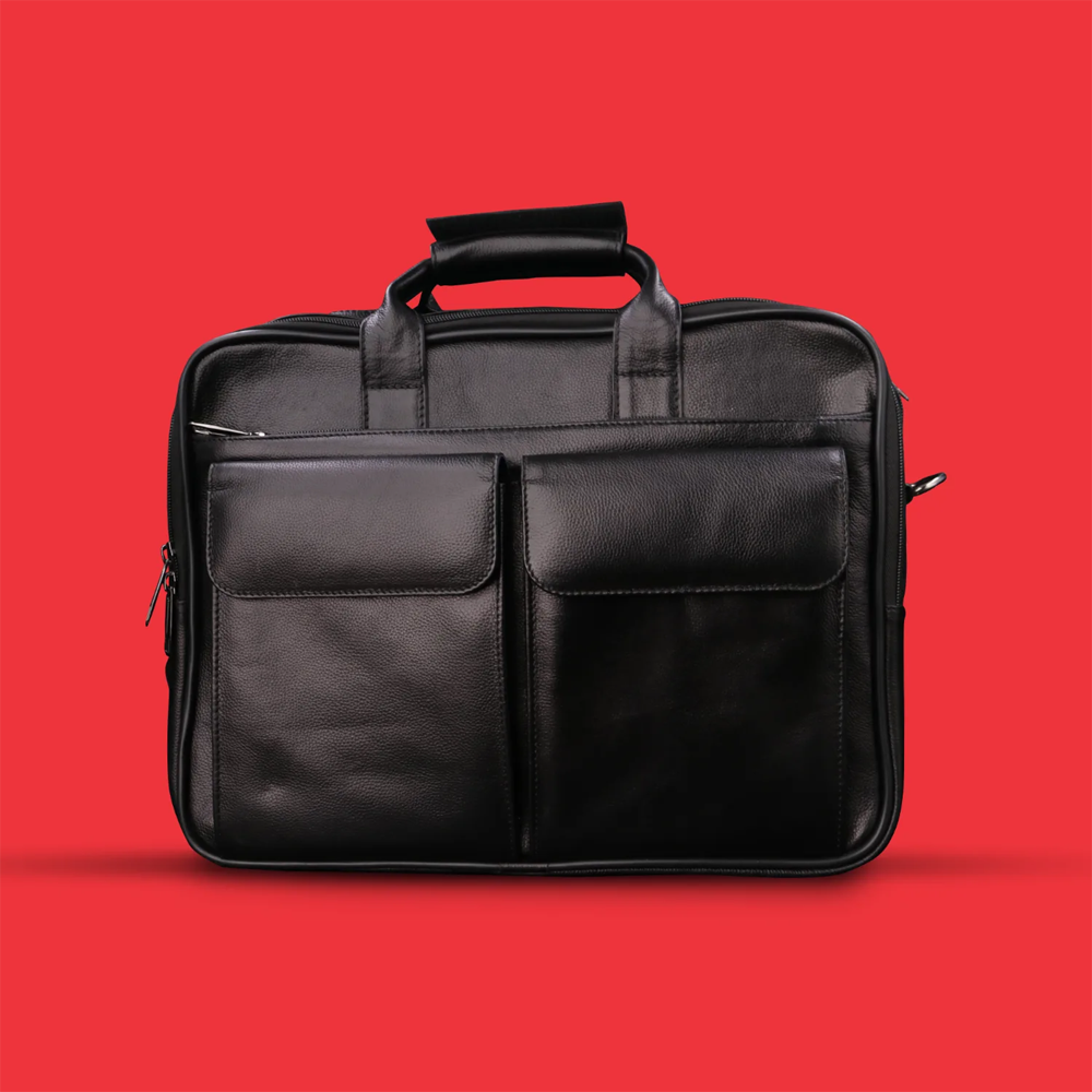 Leather Office Bag with Multiple Compartments - B-50 - Black