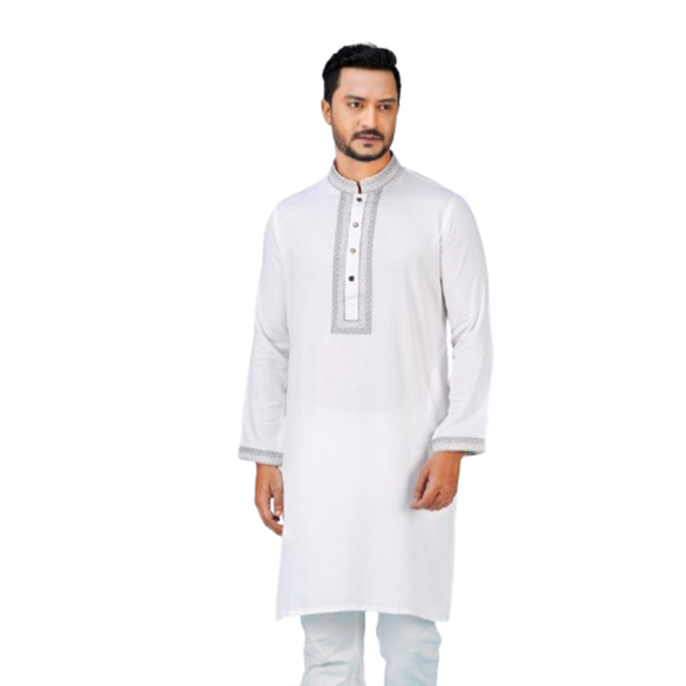 Cotton Embroidery Semi Long Panjabi For Men - White - PM-30