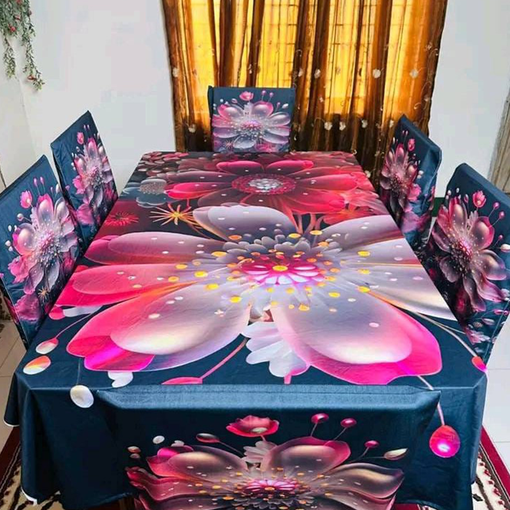 Korean Velvet 3D Print Dining Table Cloth and Chair Cover Set 7 In 1 - HS 00079