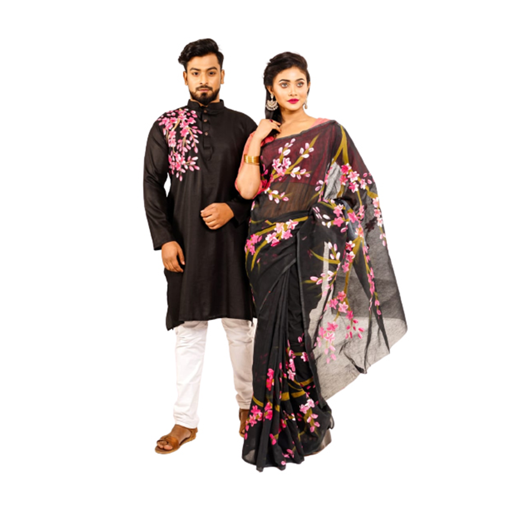 Hand Print Couple Set Saree With Panjabi - Black - CS-87