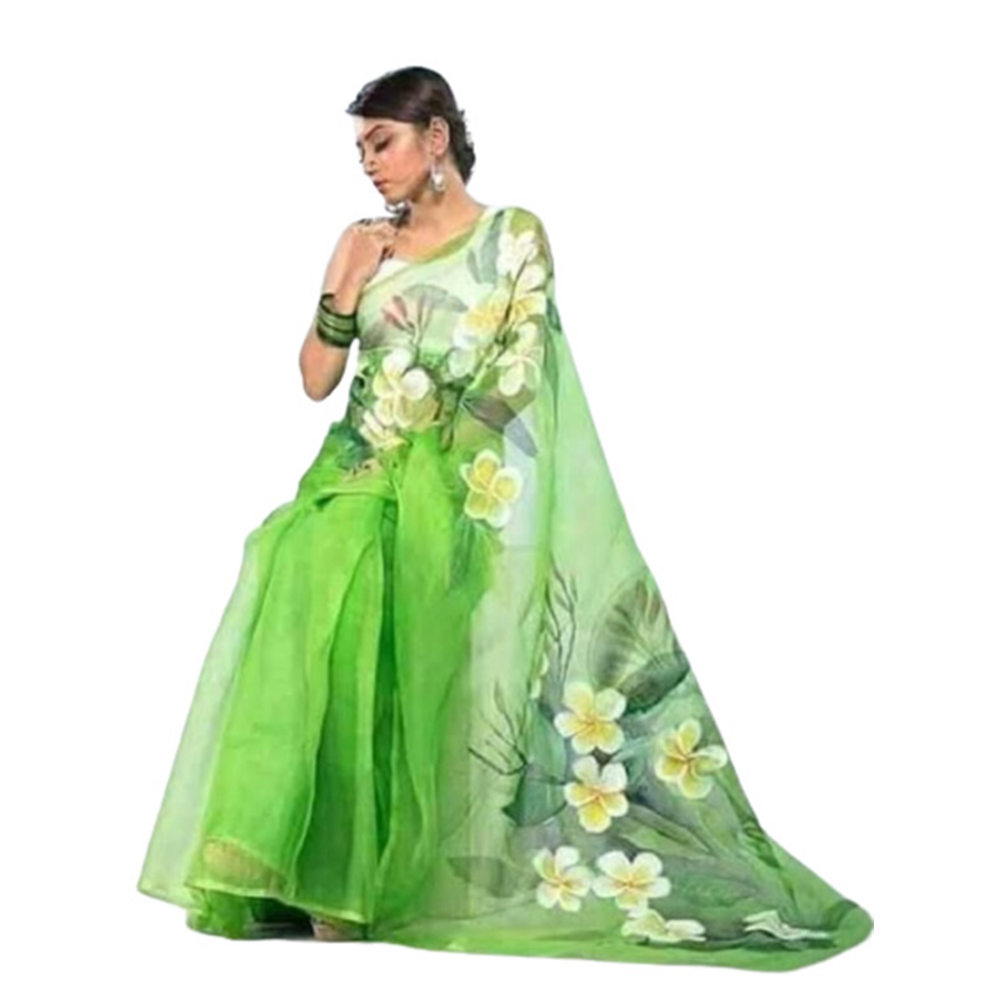 Half Silk Hand Print Saree For Women - Lime Green - SP-122