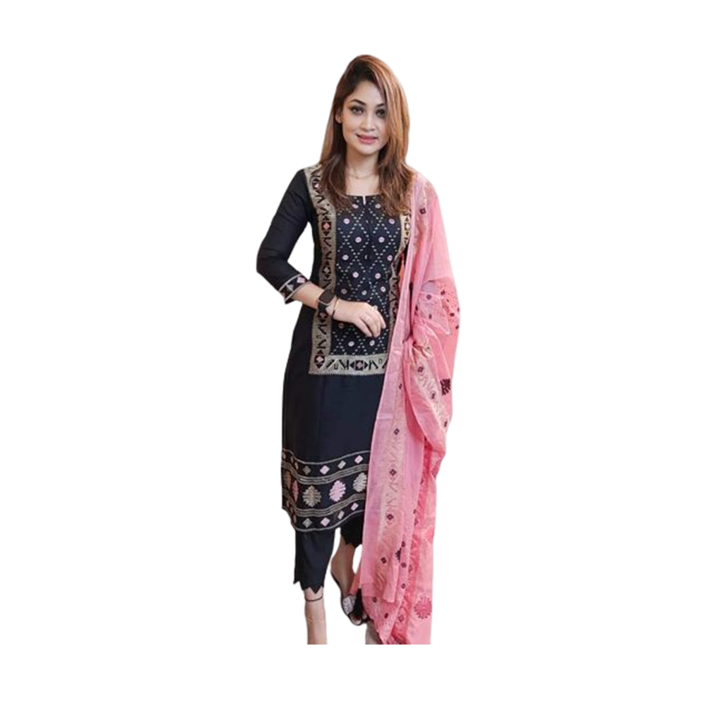 Unstitched Cotton Block Print Salwar kameez For Women - Black - 3P-12