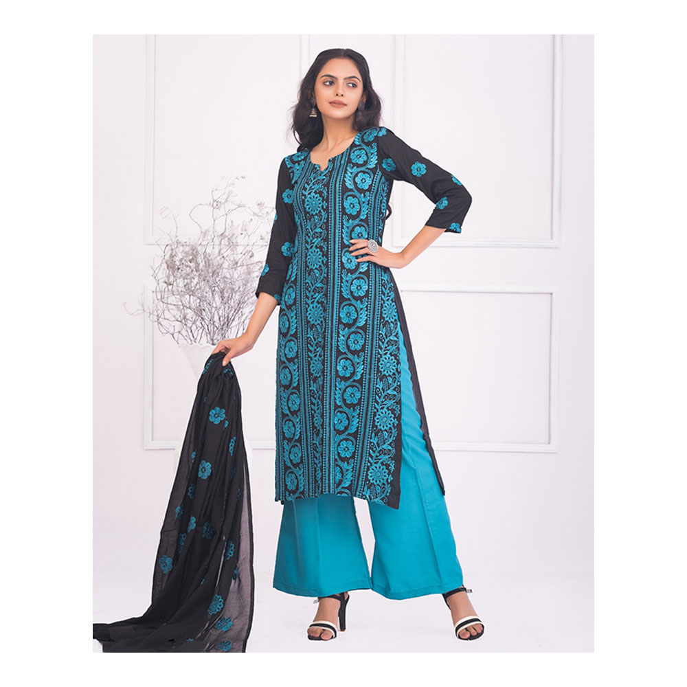 Cotton Semi Stitched Embroidery Salwar Kameez for Women - Blue and Black