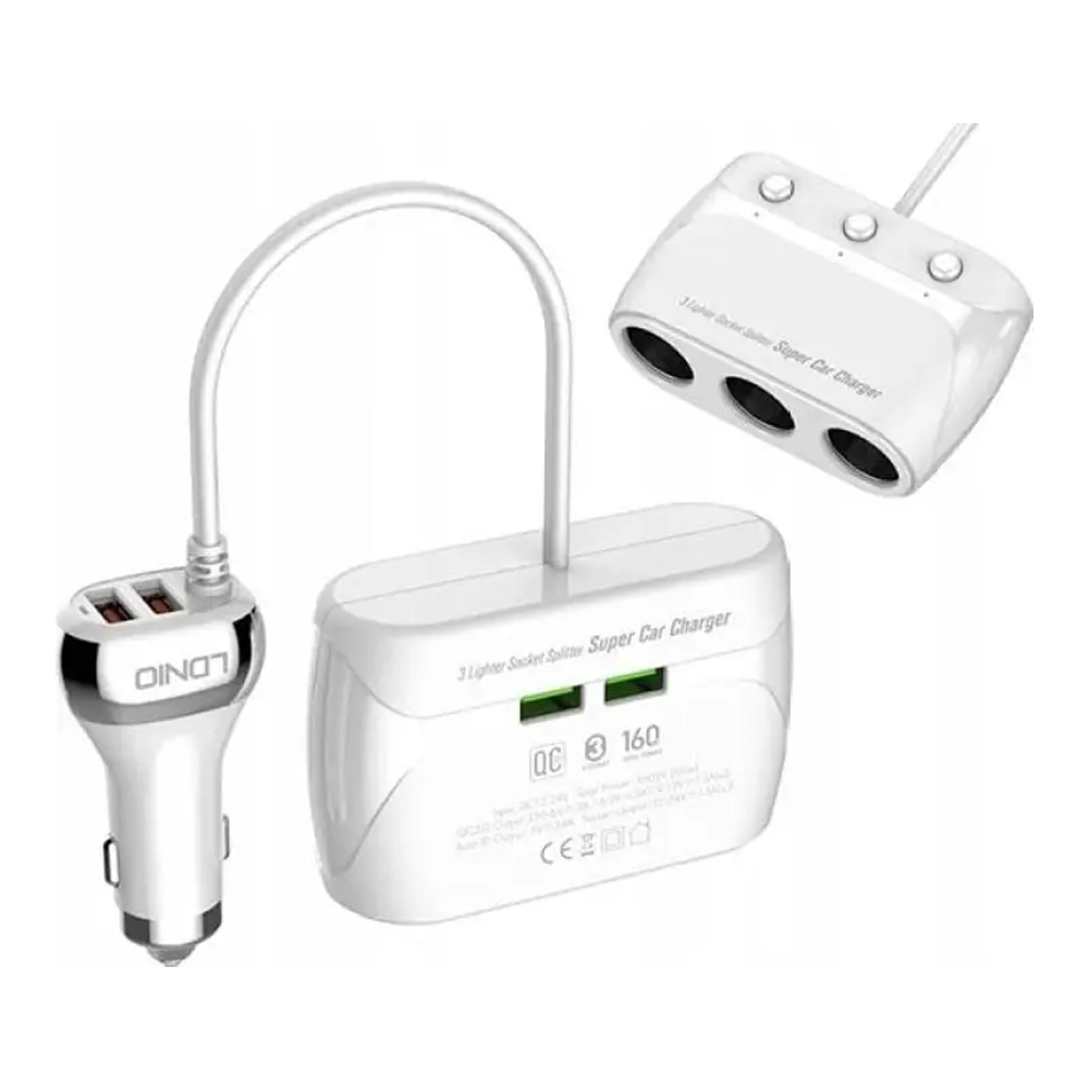 LDNIO C504 Dual QC3.0 Fast Car Charger With 3 Slot Socket Adapter - White