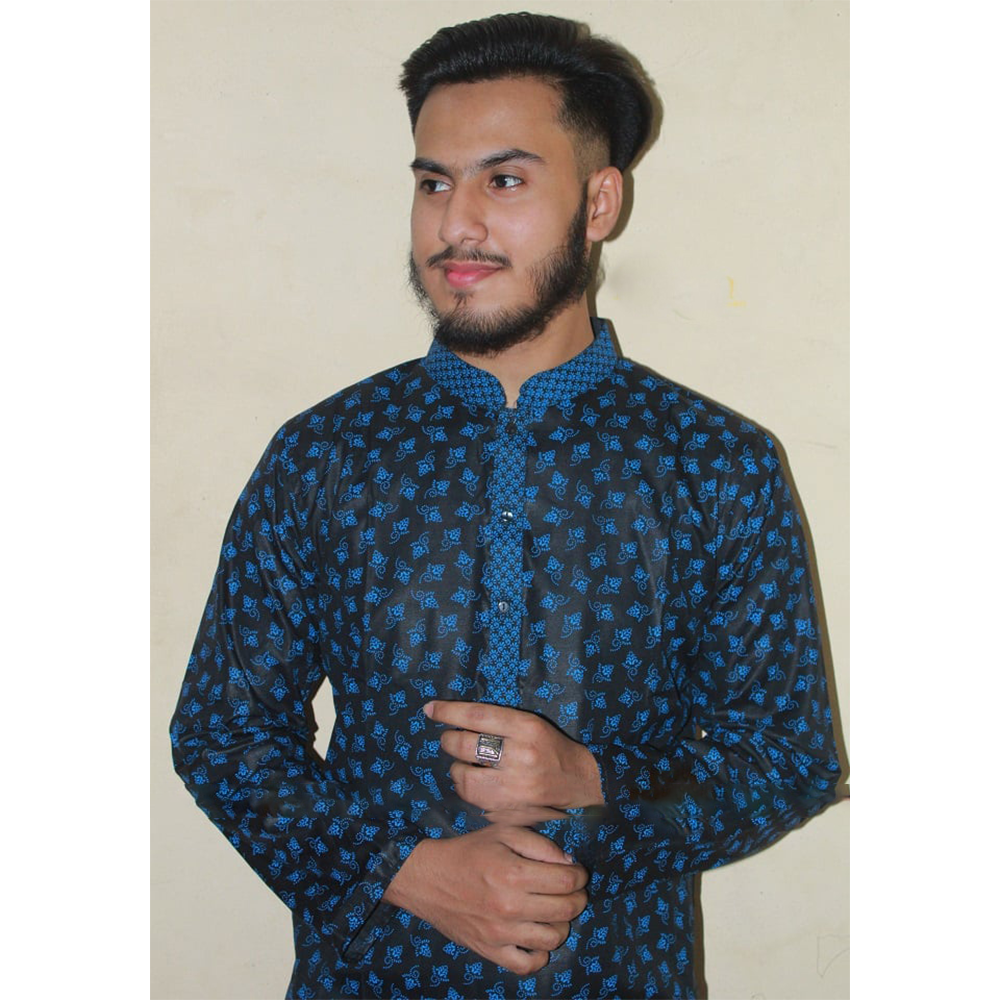 Dhupiyan Cotton Silk Printed Long Panjabi For Men - Blue