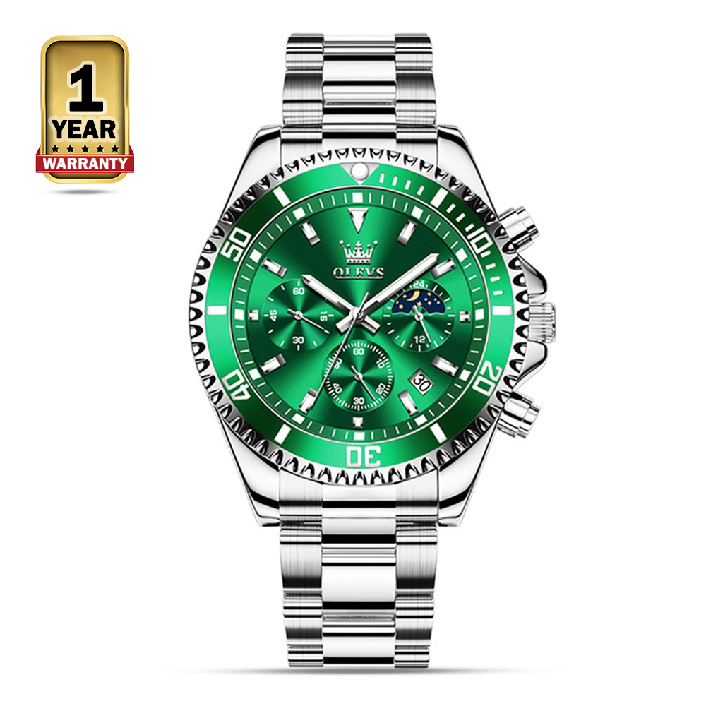 OLEVS 2870 Quartz Stainless Steel Analog Wrist Watch For Men - Silver And Green