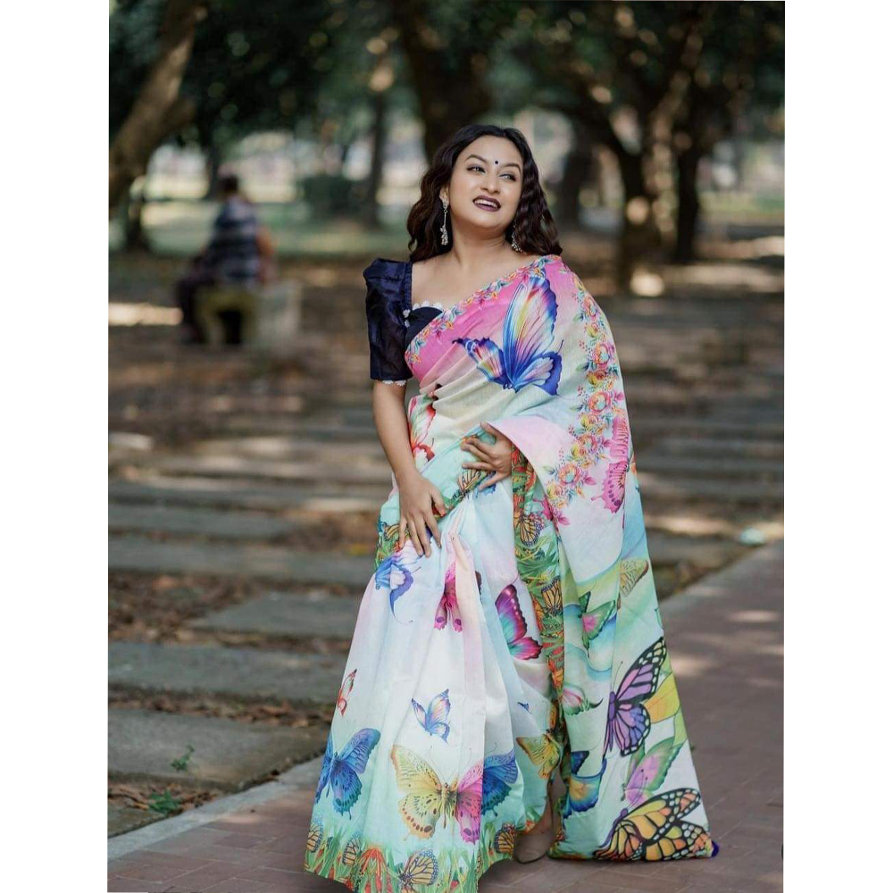 Half Silk Digital Print Saree For Women - Multicolor - NH-104