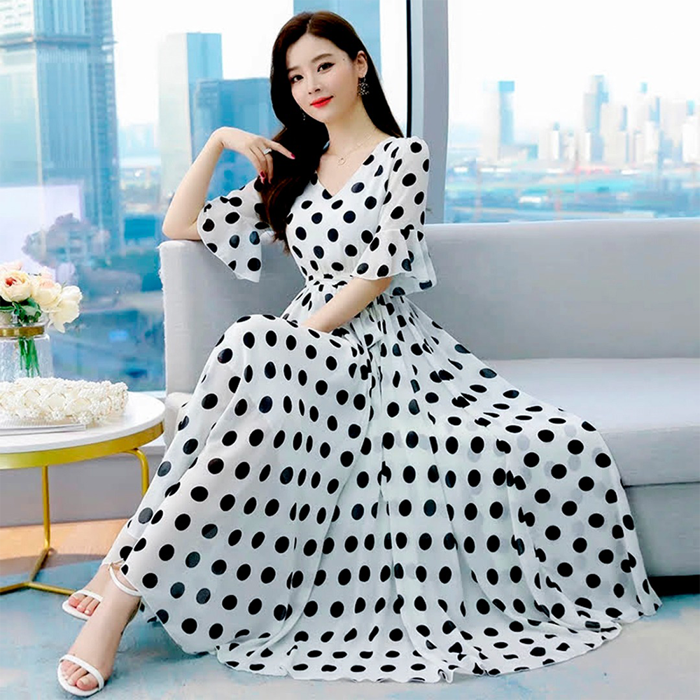China Linen Printed Long Gown For Women - White and Black - GL-07