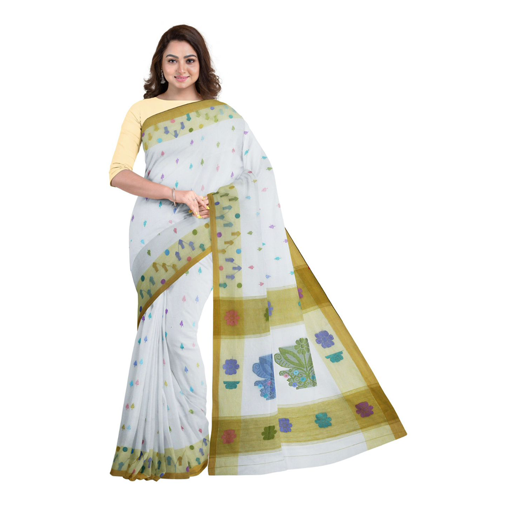 Complete Hand Work Full Cotton Jamdani Saree for Women - HW02 - White Mix