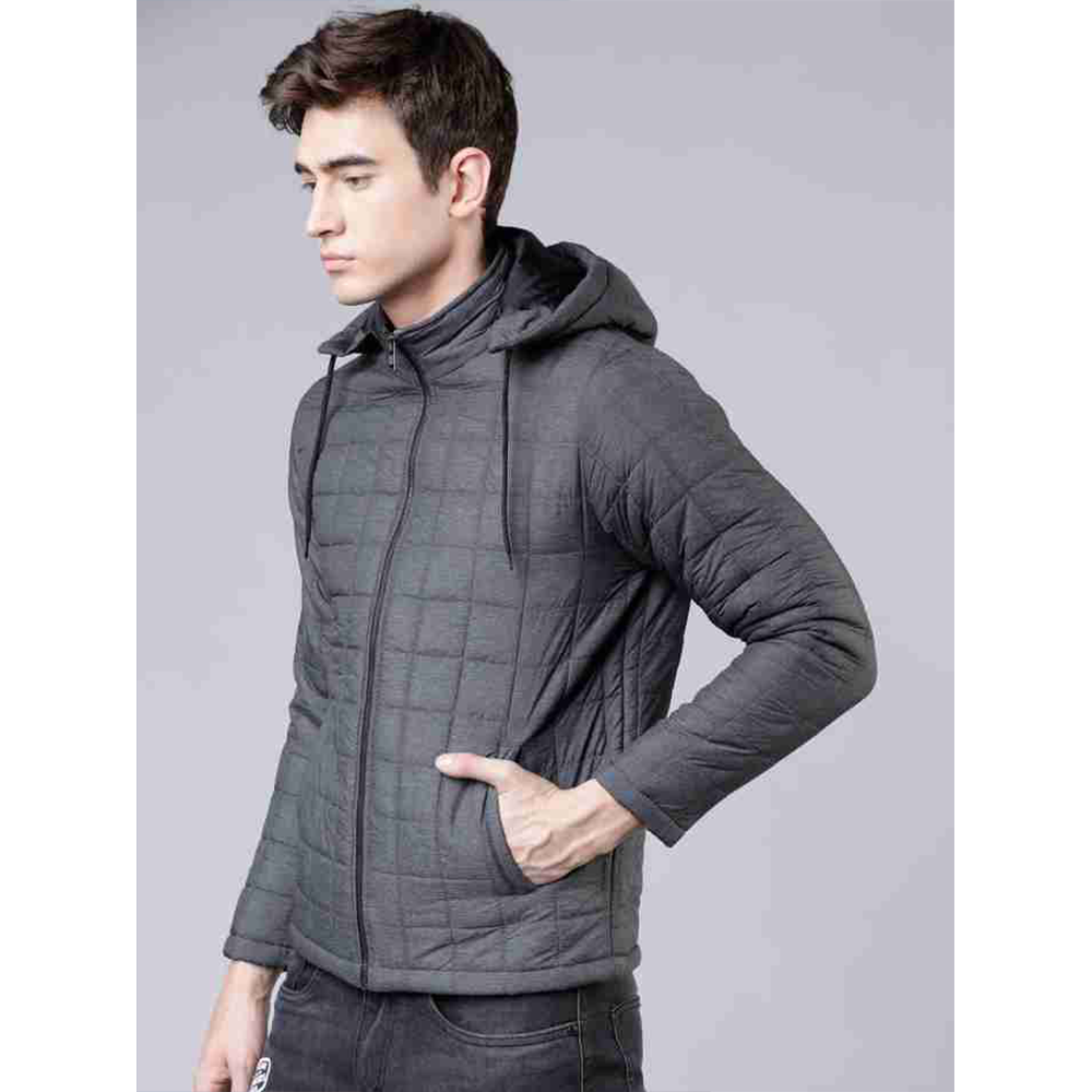 Synthetic Full Sleeve Hooded Puffer Jacket for Men - Gravel