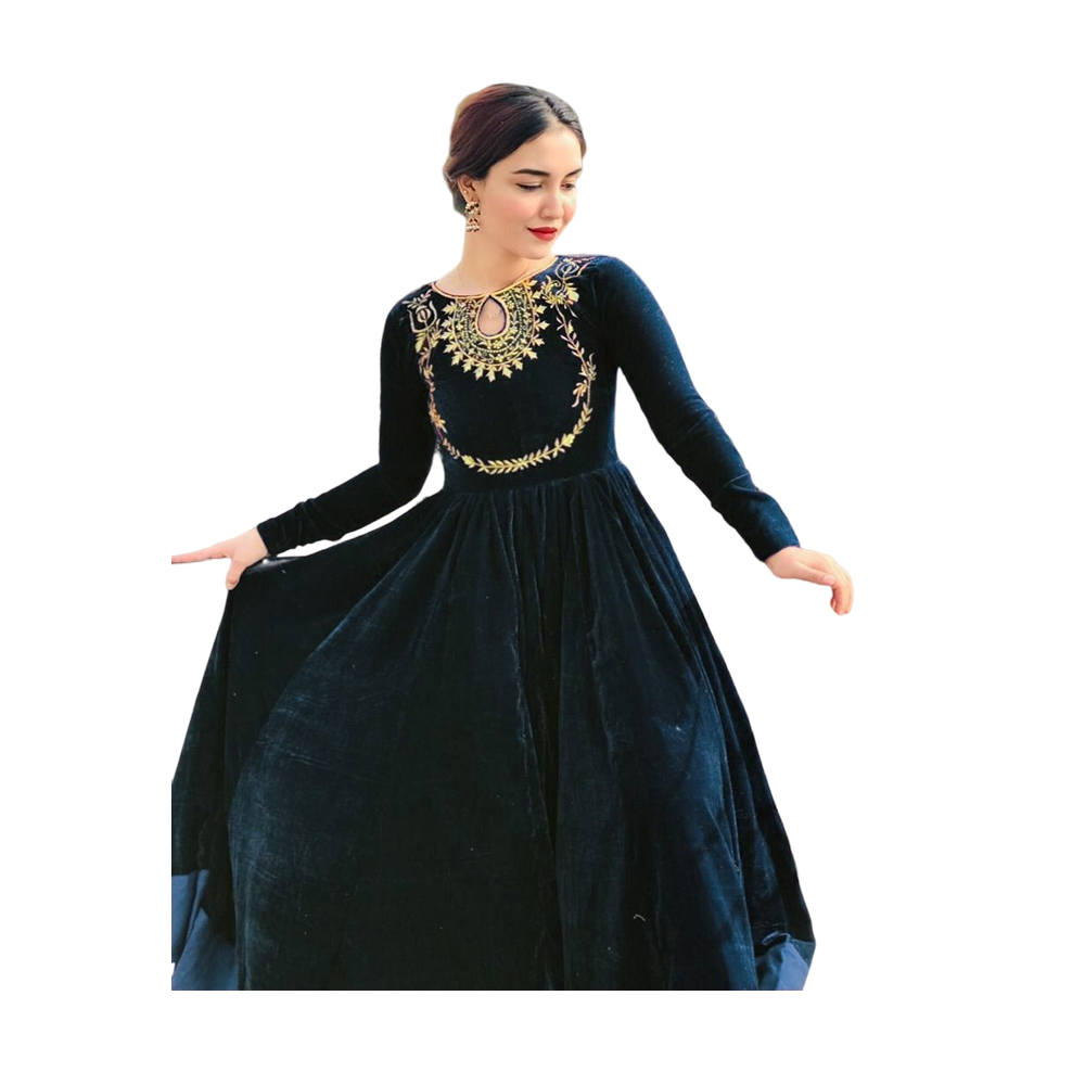 Green velvet embroidery work gown  Velvet dresses outfit, Velvet