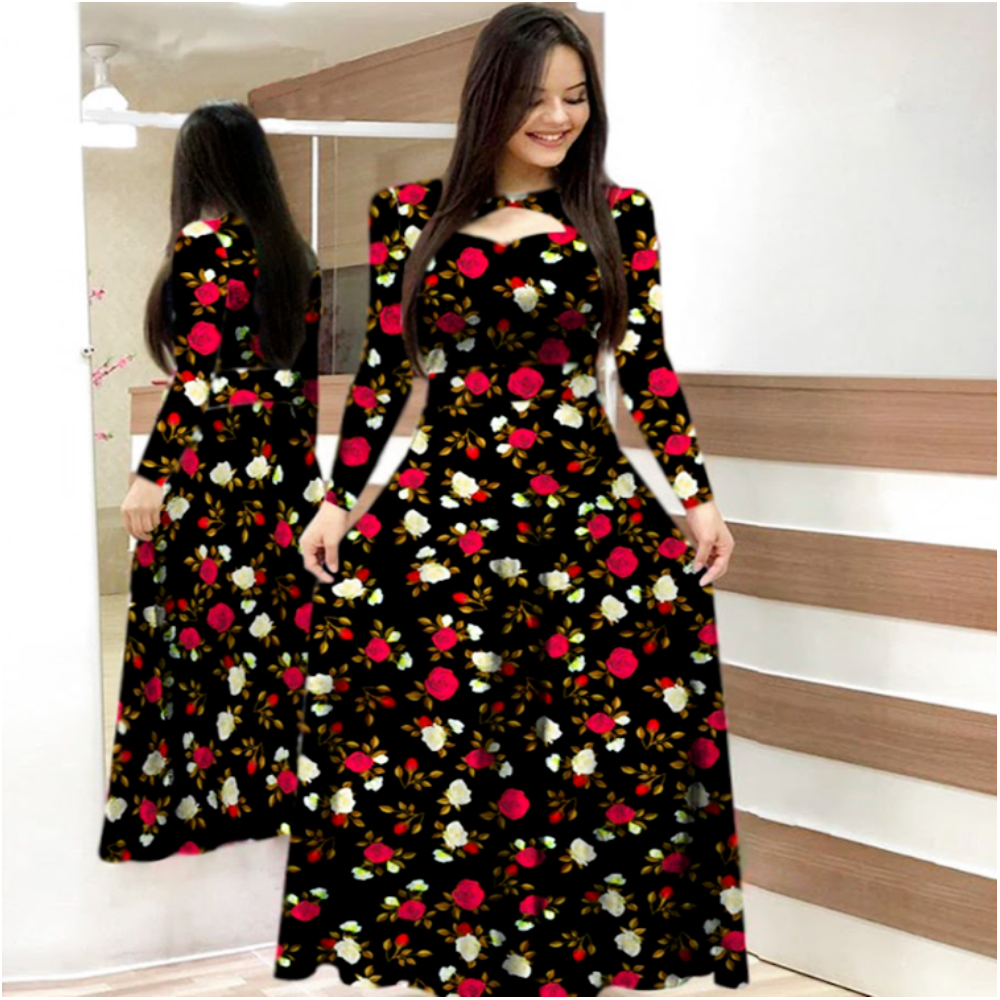 Linen Digital Rose Print Long Sleeve Kurti for Women - Black - P-301