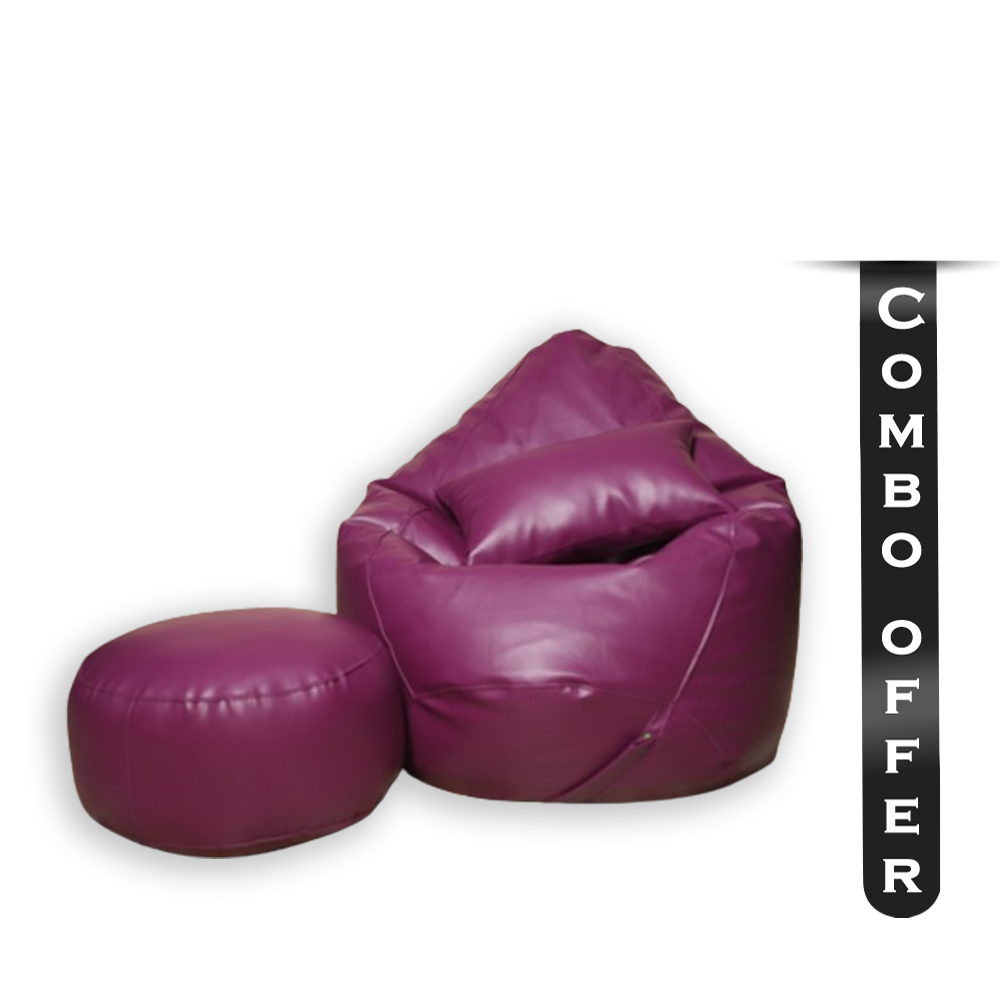 Combo of 3Pcs Leather Bean Bag - XXL With Leg Rest and Cushion - Purple - APL2CPR