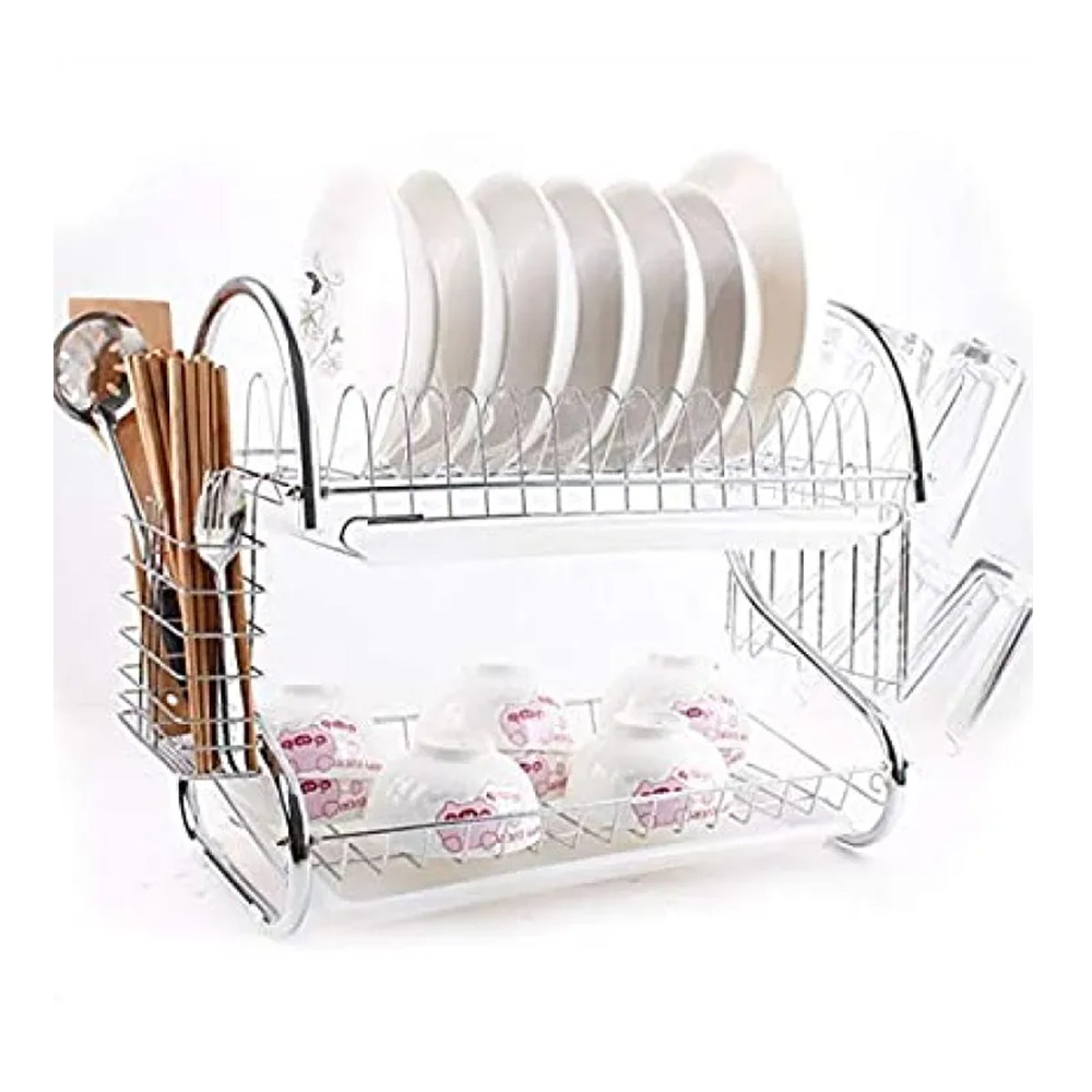Stainless Steel 2 Layer Kitchen Dish Rack - Silver