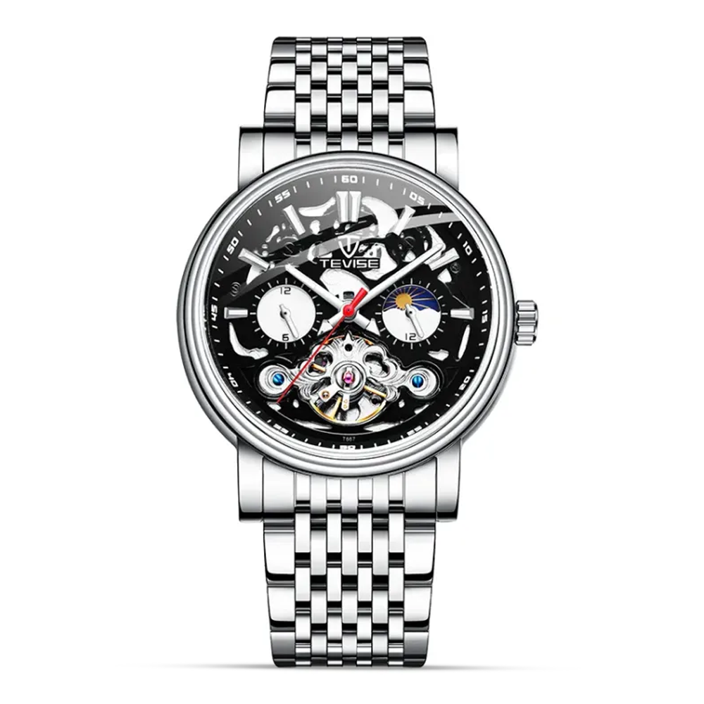 Tevise T867 Stainless Steel Automatic Mechanical Watch for Men - Silver and Black