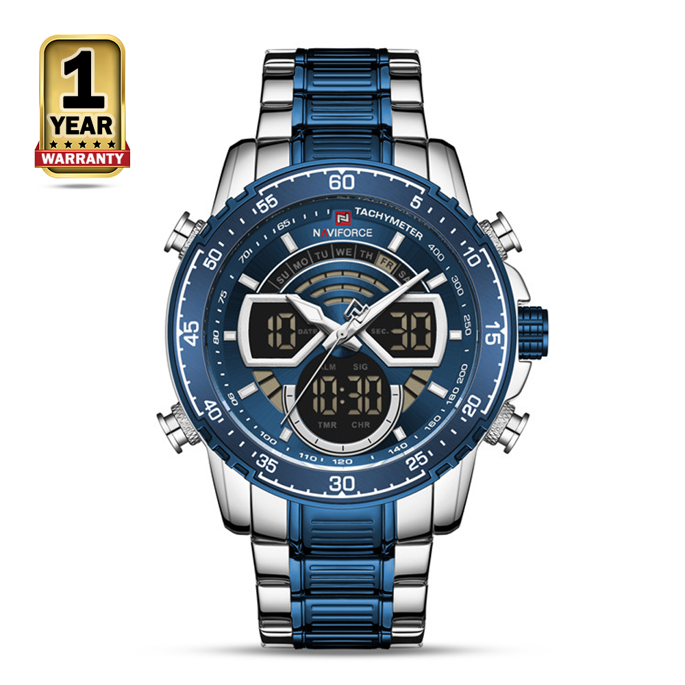 Naviforce NF9189 Stainless Steel Dual Time Watch For Men - Royal Blue and Silver