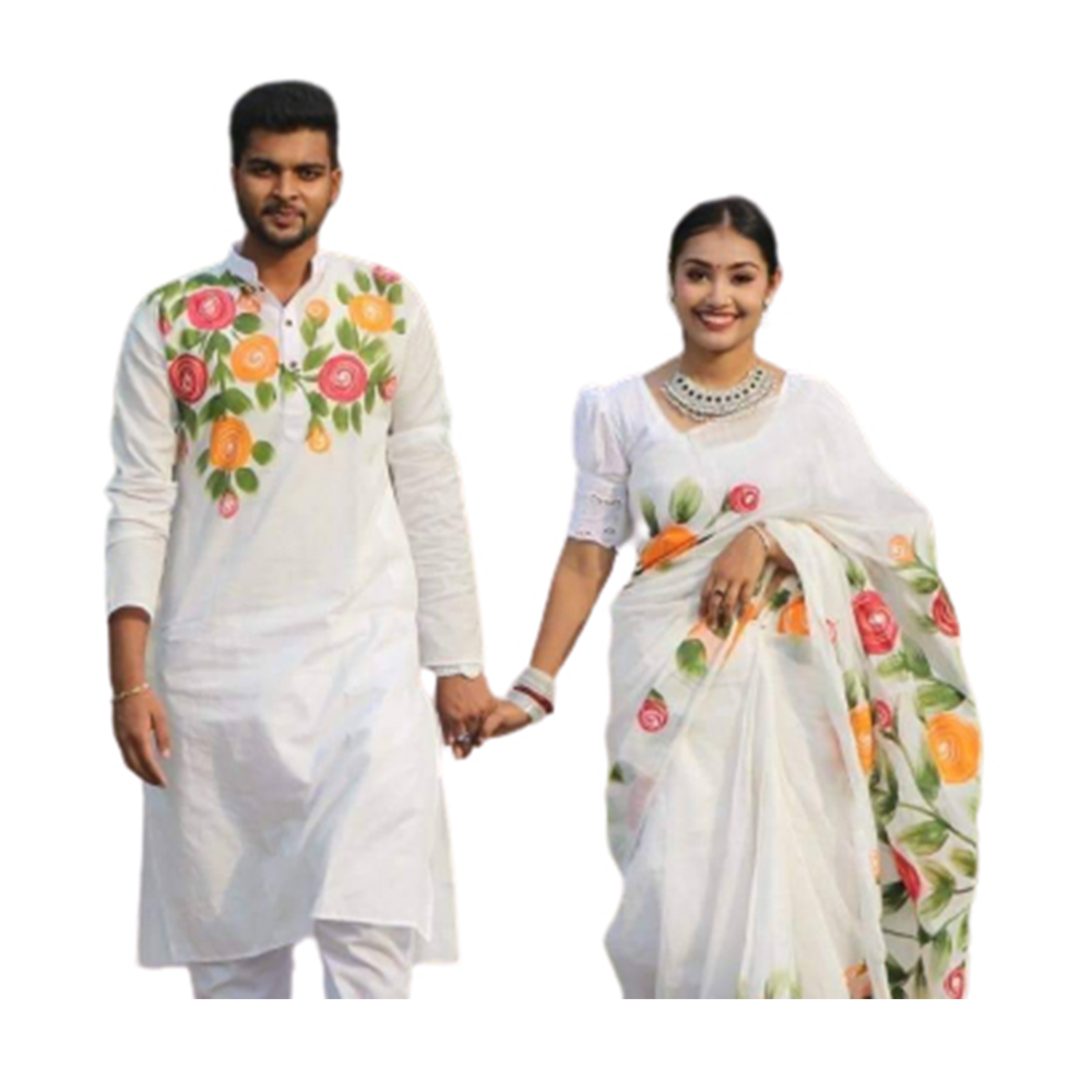 Hand Print Couple Set Saree With Panjabi - White - CS-81