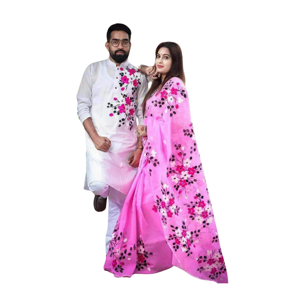 Cotton Silk Saree and Dhupian Cotton Panjabi Couple Dress - Pink & White - SC42