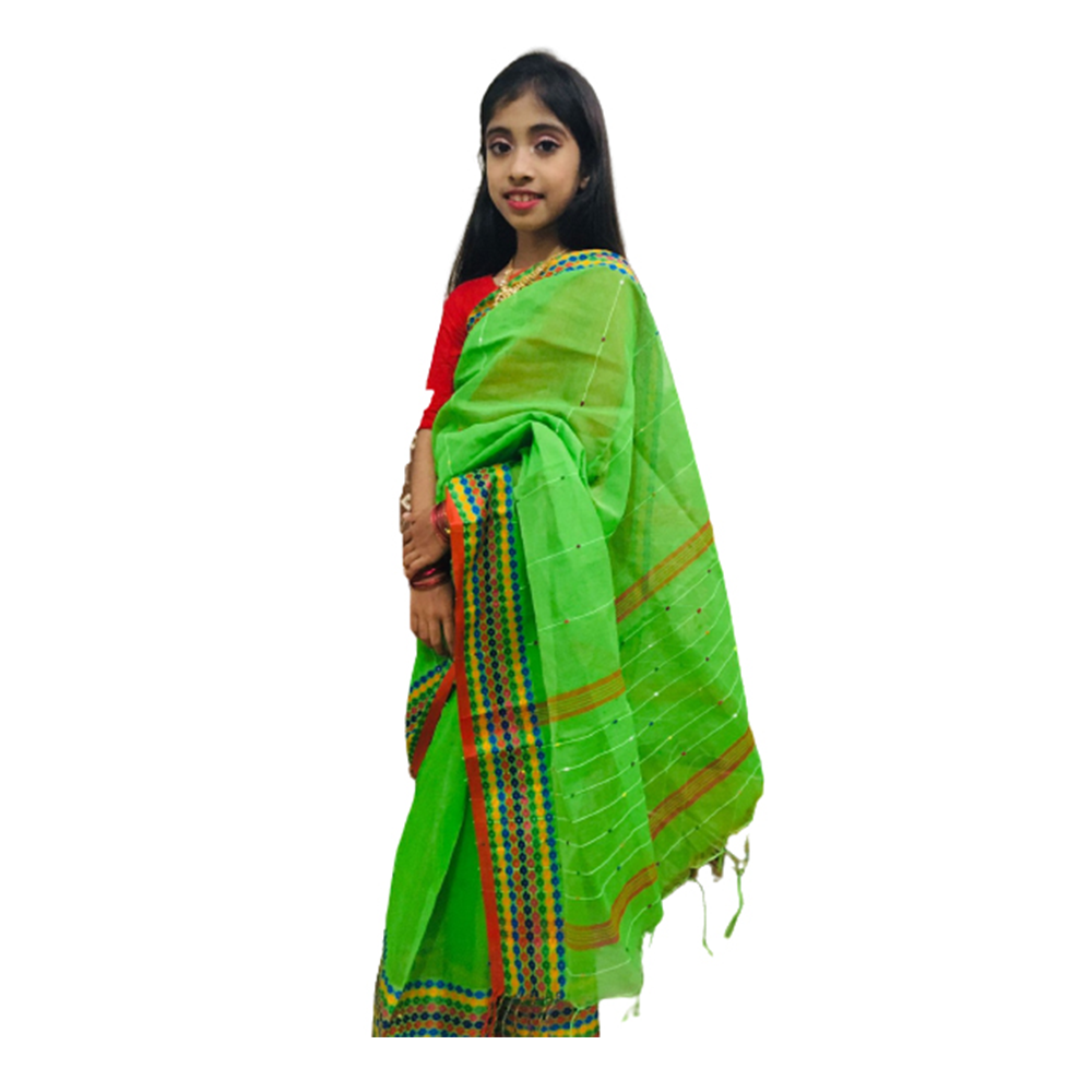 Cotton Jamdani Baby Saree For Girl - Light Green - KS-03