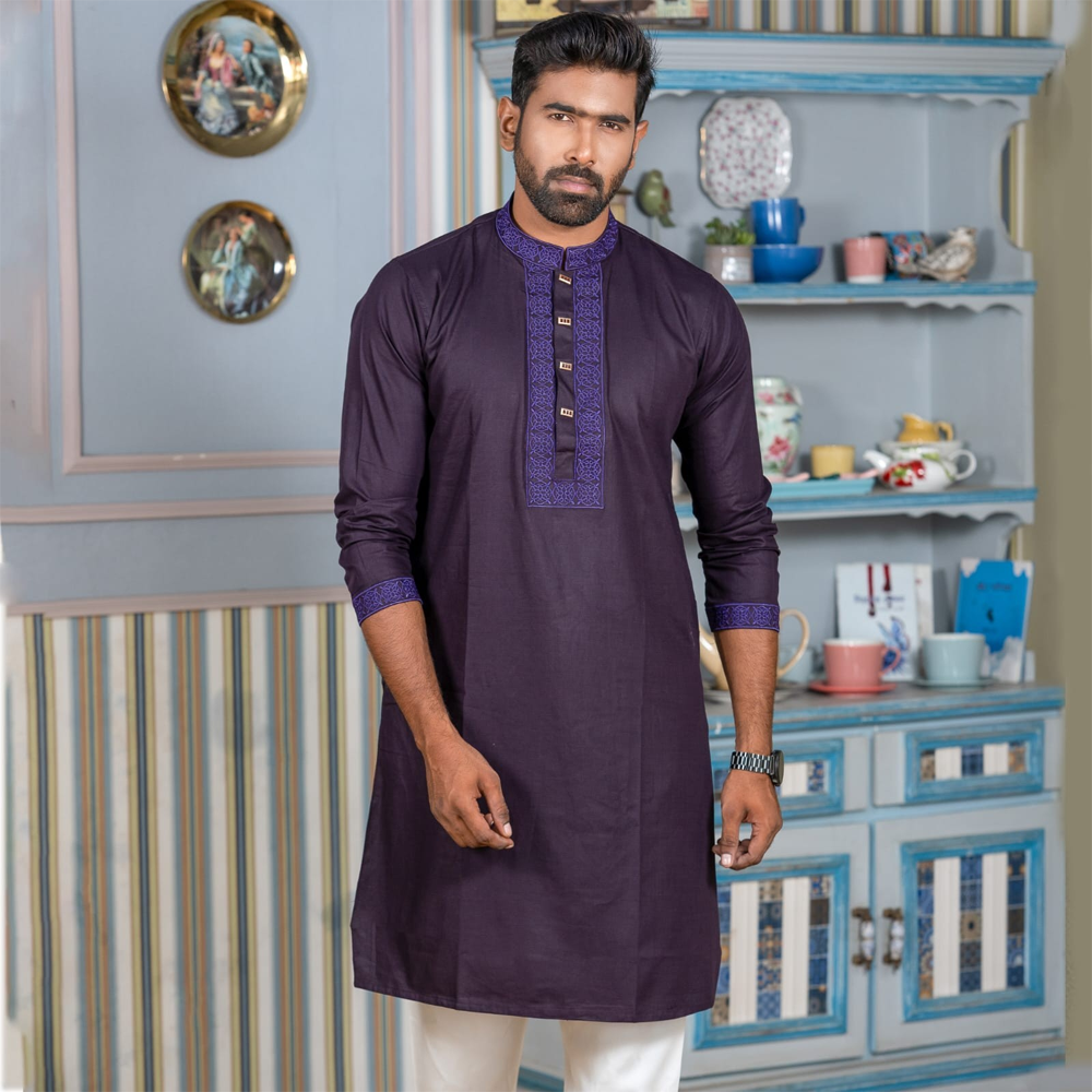  Cotton Embroidery Panjabi For Men - Purple - 5085
