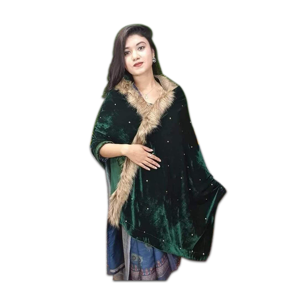 China Velvet Shawl with Stone Works - Dark Green - SL-01