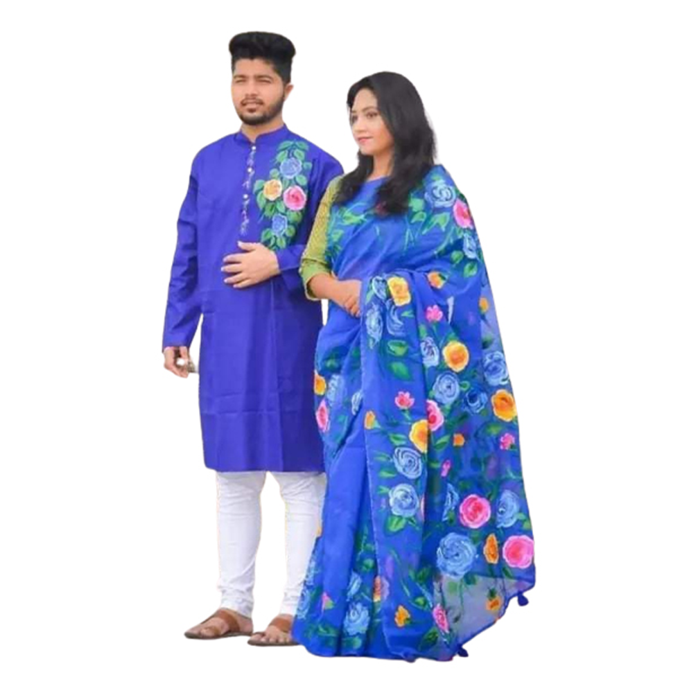 Hand Print Couple Set Saree With Panjabi - Blue - CS-75