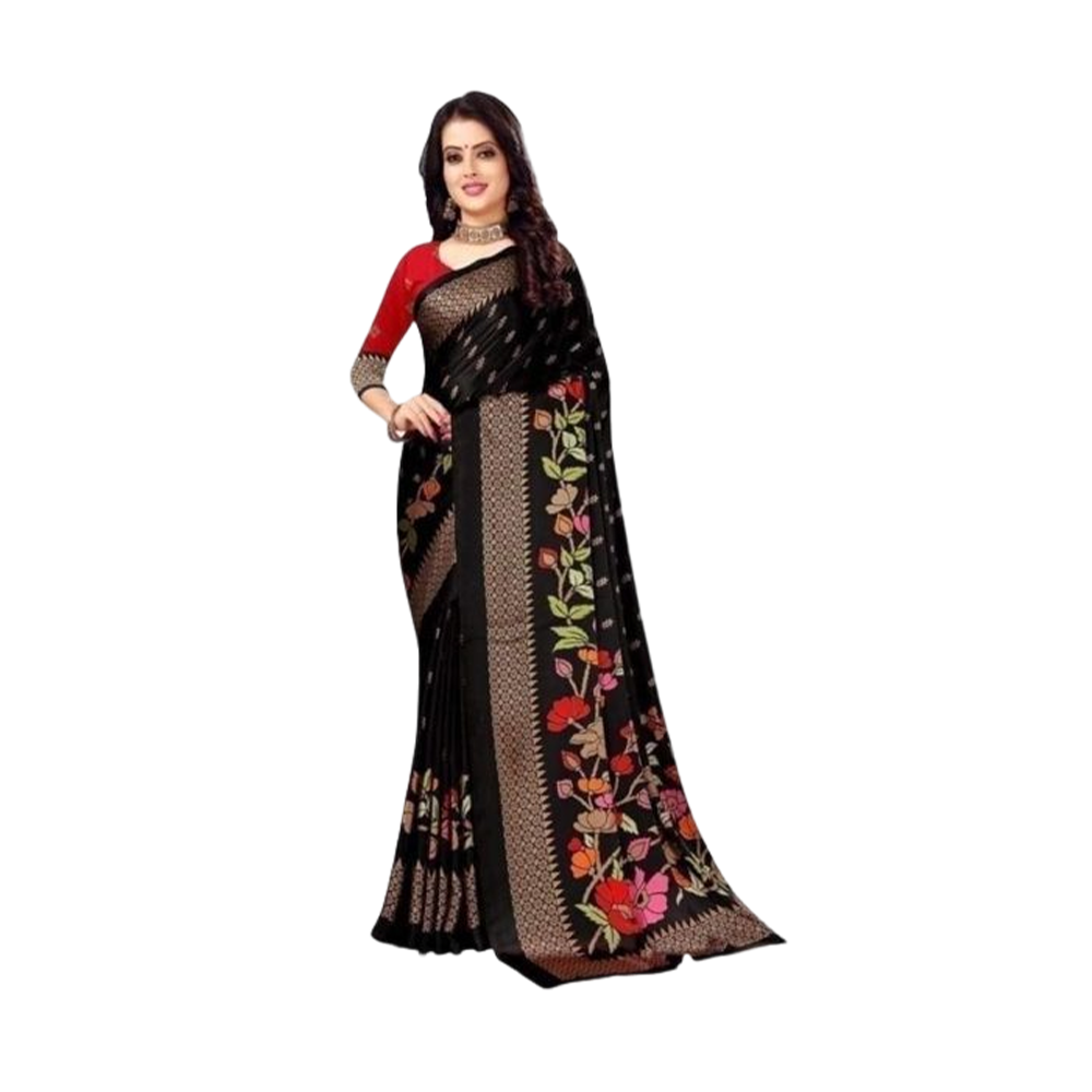 Soft Silk Digital 3D Printed Saree With Blouse Piece - Black - SS-P27