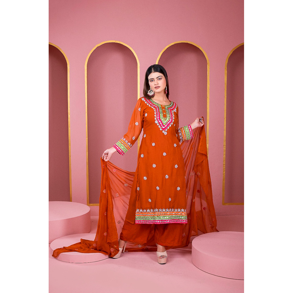 Weightless Georgette Embroidery Readymade Gulbahar Salwar Kameez for Women - Red - HP-M3P-412