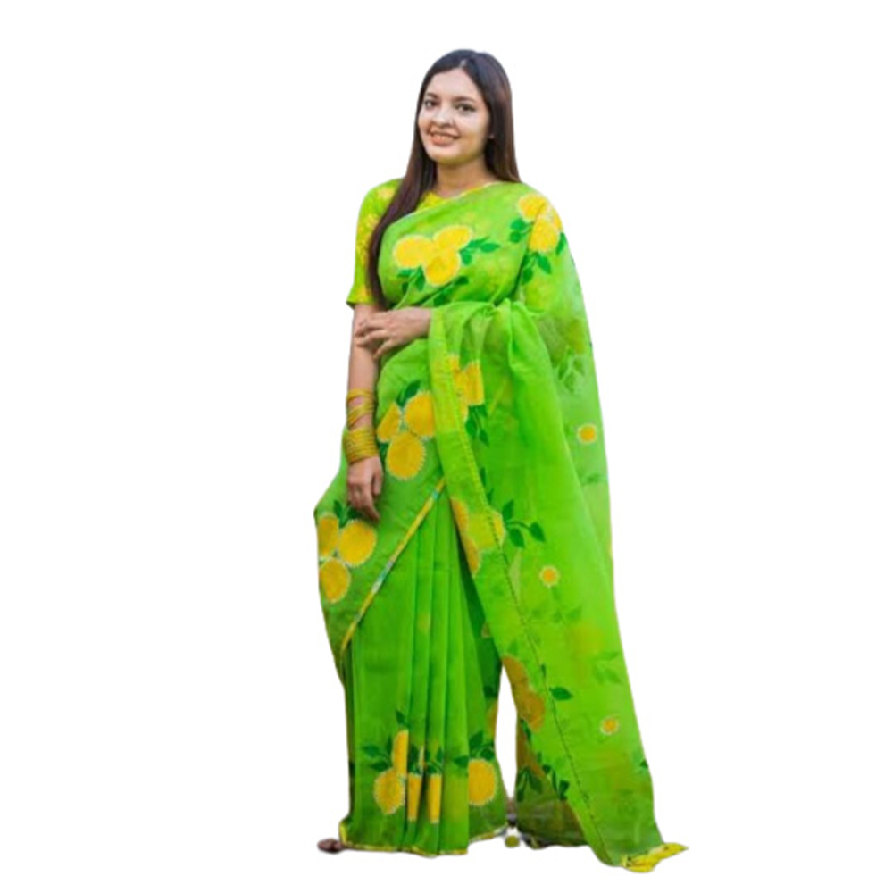 Half Silk Hand Print Saree For Women - Lime Green - SP-115