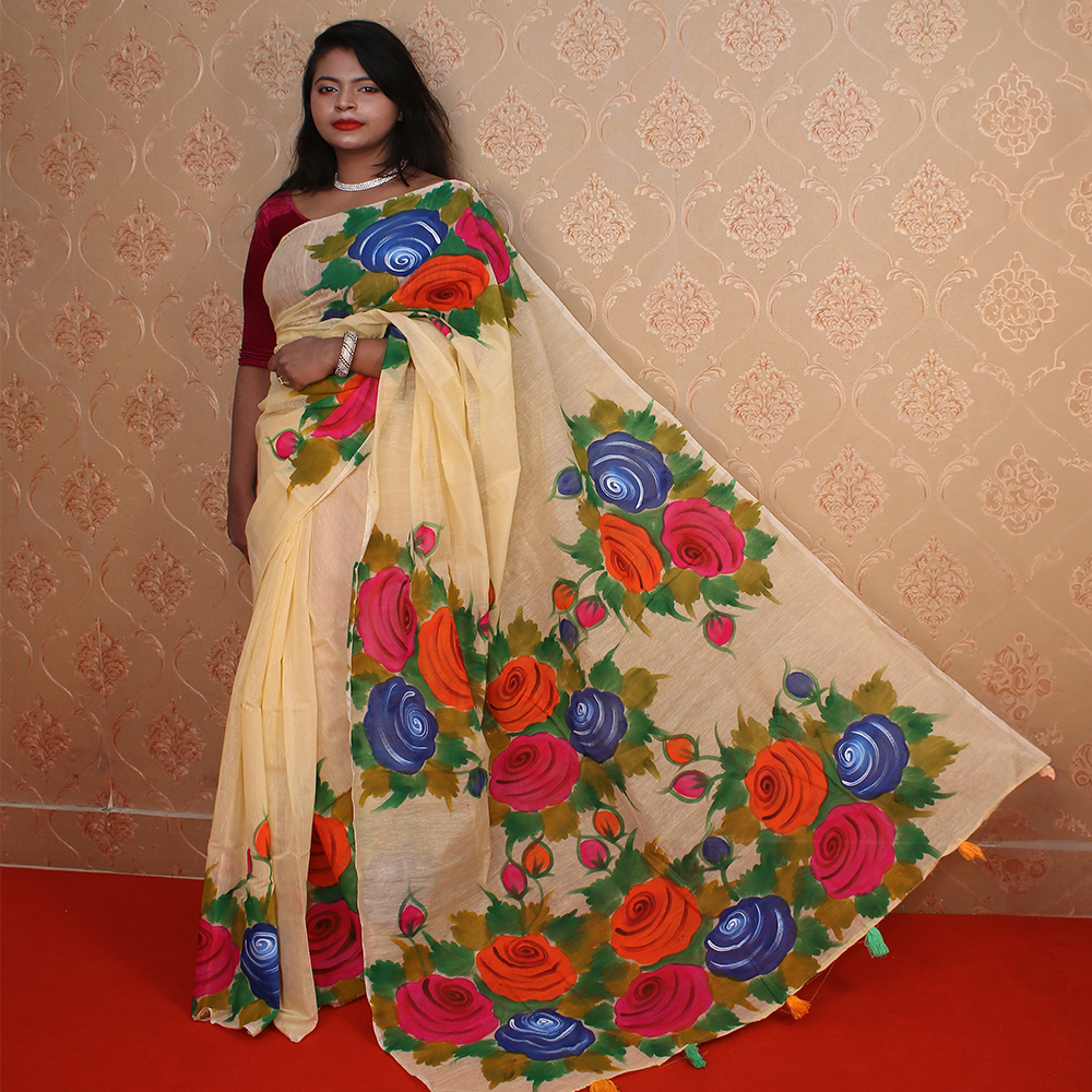 Cotton Half Silk Hand Printed Saree For Women - Multicolor - Single _ 14