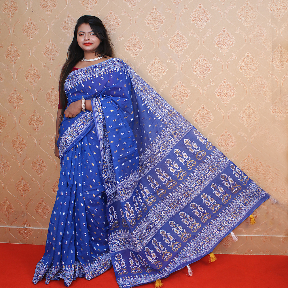 Cotton Half Silk Hand Printed Saree For Women - Blue - Single _ 17