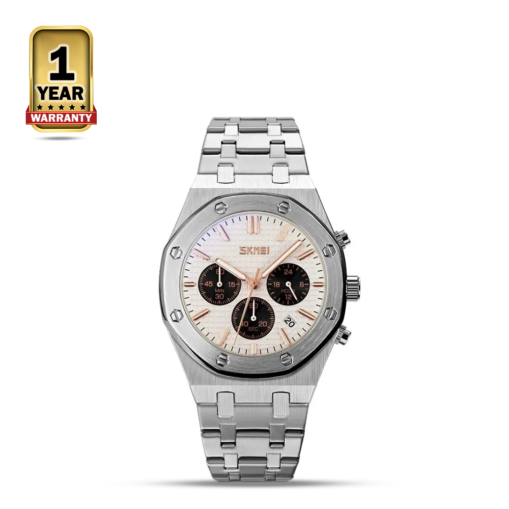 SKMEI 9296 Stainless Steel Business Luxury Quartz Watch For Men - White and Silver