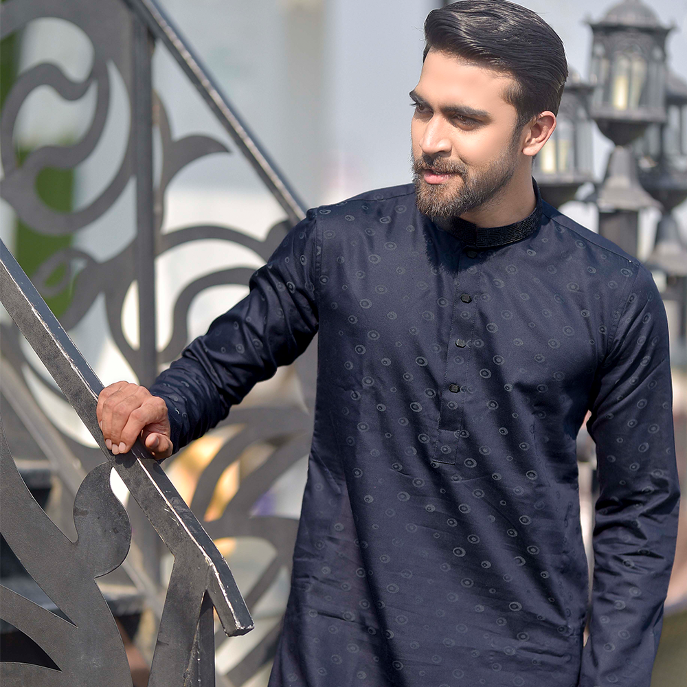 Luxury Indian Jacquard Cotton Unique Panjabi for Men - Navy Blue - SP-20