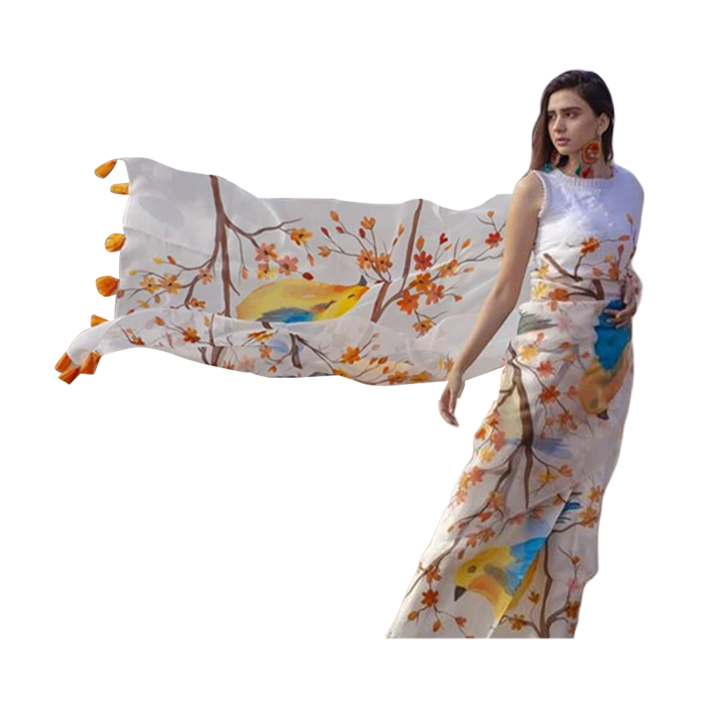Hand Printed Half Silk Saree For Women - Multicolor - BAN141