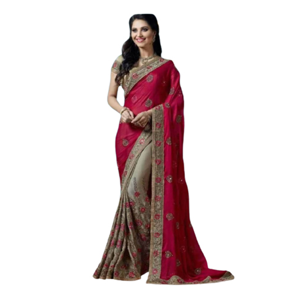 Weightless Georgette Embroidery Worked Saree With Blouse Piece For Women - Red - SJ-66